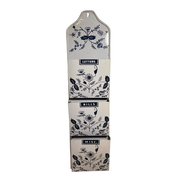 Metal Wall Organizer For Letters Bills & Misc Blue Floral Design - Picture 1 of 10